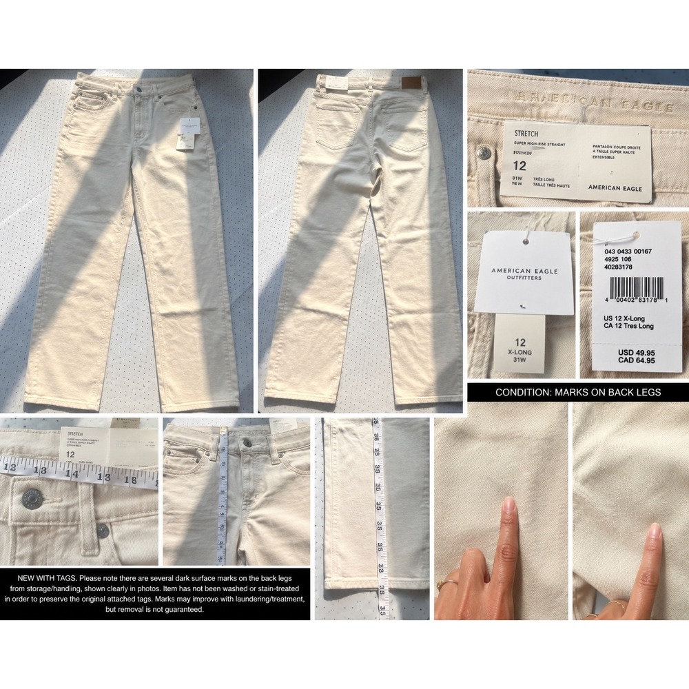 American Eagle Super High Rise Straight Jeans 12 X-Long Cream Stretch 31W NWT